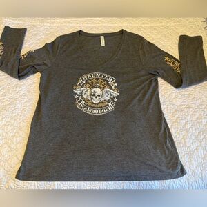 Bella Canvas Women's Charcoal Long Sleeve V-Neck Tee with Gold & White Graphic